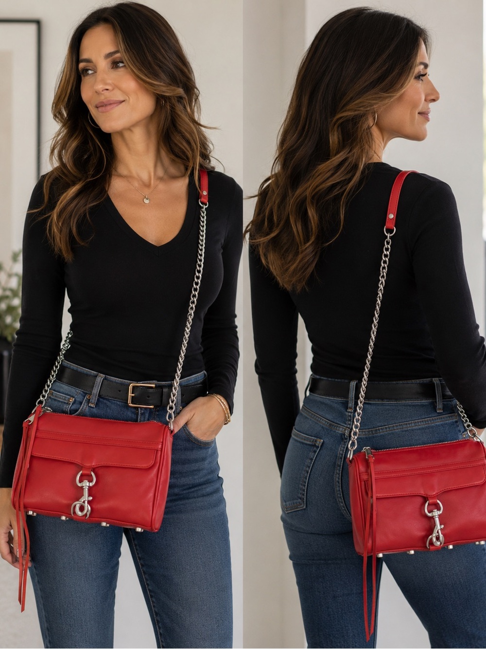 Rebecca Minkoff Red Leather Crossbody Bag with Chain Strap